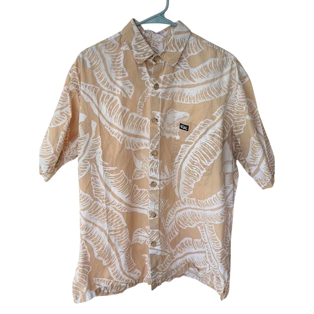 Rix‎ Island Wear Mens XL Tan White Tropical Leaf Print Cotton Aloha Shirt Hawaii